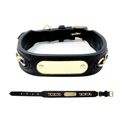 Genuine Leather Dog Collars With Metal Braided Design Engraved Nameplate