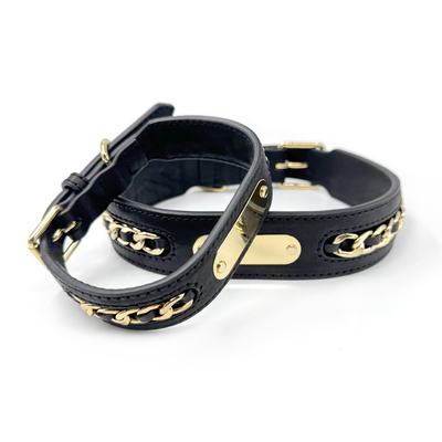 Genuine Leather Dog Collars With Metal Braided Design Engraved Nameplate