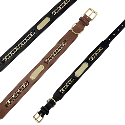 Genuine Leather Dog Collars With Metal Braided Design Engraved Nameplate