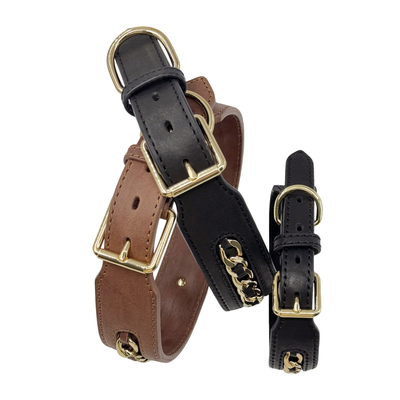 Genuine Leather Dog Collars With Metal Braided Design Engraved Nameplate