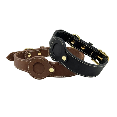 Dog Genuine Leather Tracking Tag Dog Collar Anti Lost With Tag Holder