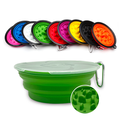 Silicone Portable Collapsible Slow Feeder Pet Dog Water Bowl With Lid Pet Folding Bowl