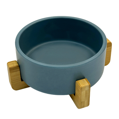 Ceramic Round Dog Cat Bowl Food Water Elevated Dish For Pet Wood Stand