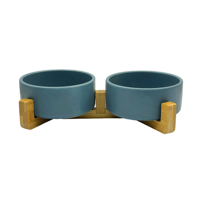 Double Dog Cat Bowl Ceramic With Elevated Wooden Stand Food Water Dish