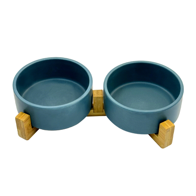 Double Dog Cat Bowl Ceramic With Elevated Wooden Stand Food Water Dish