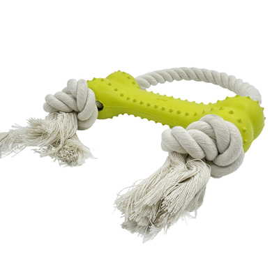 6.5 X 17.5cm Rubber Bone Shaped Dog Toy With Cotton Rope Durable Safe For Teeth And Gums