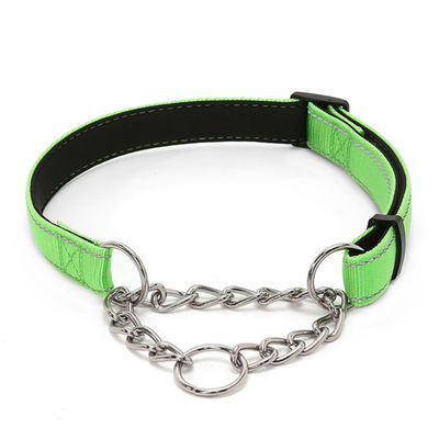 Reflective Nylon Dog Collar, Padded Training Collar With Stainless Steel Chain