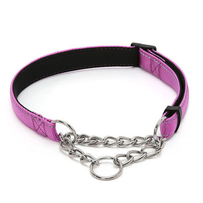 Reflective Nylon Dog Collar, Padded Training Collar With Stainless Steel Chain