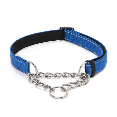 Reflective Nylon Dog Collar, Padded Training Collar With Stainless Steel Chain
