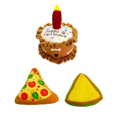 Pet Plush Toy Birthday Squeaky Gift Cake Sandwiches Pizza Crinkly Party Dog Toy Supplies
