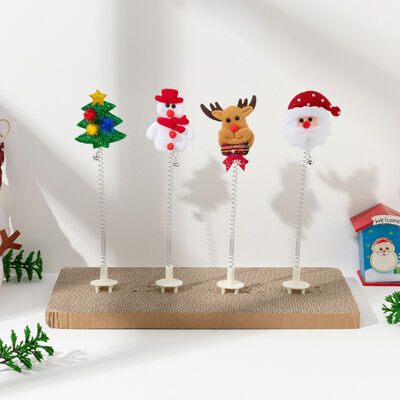 Christmas Cat Scratcher Toy With Spring Wobble Wand Santa, Reindeer, Snowman, Xmas Tree