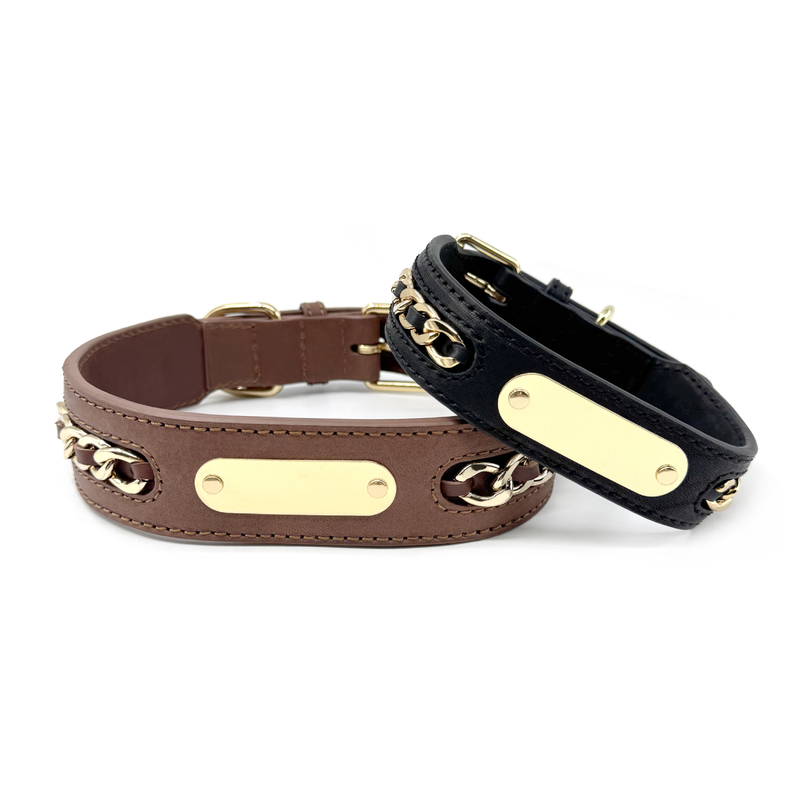 Genuine Leather Dog Collars With Metal Braided Design Engraved Nameplate