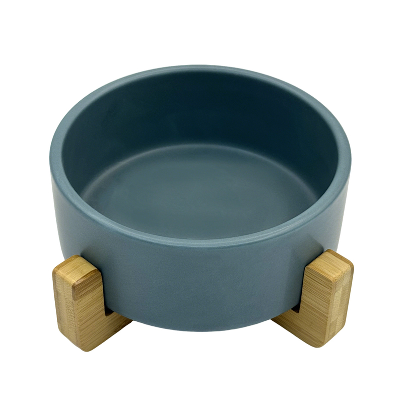 Ceramic Round Dog Cat Bowl Food Water Elevated Dish For Pet Wood Stand