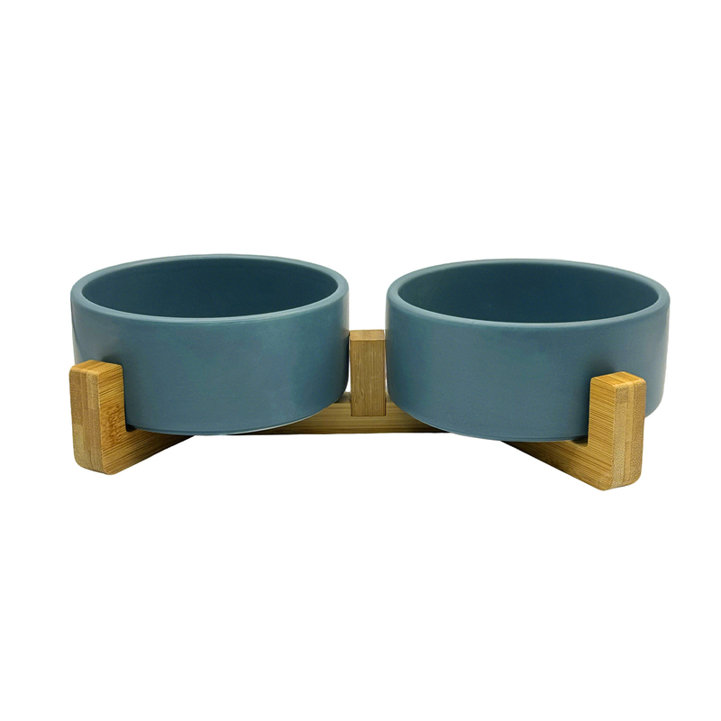 Double Dog Cat Bowl Ceramic With Elevated Wooden Stand Food Water Dish