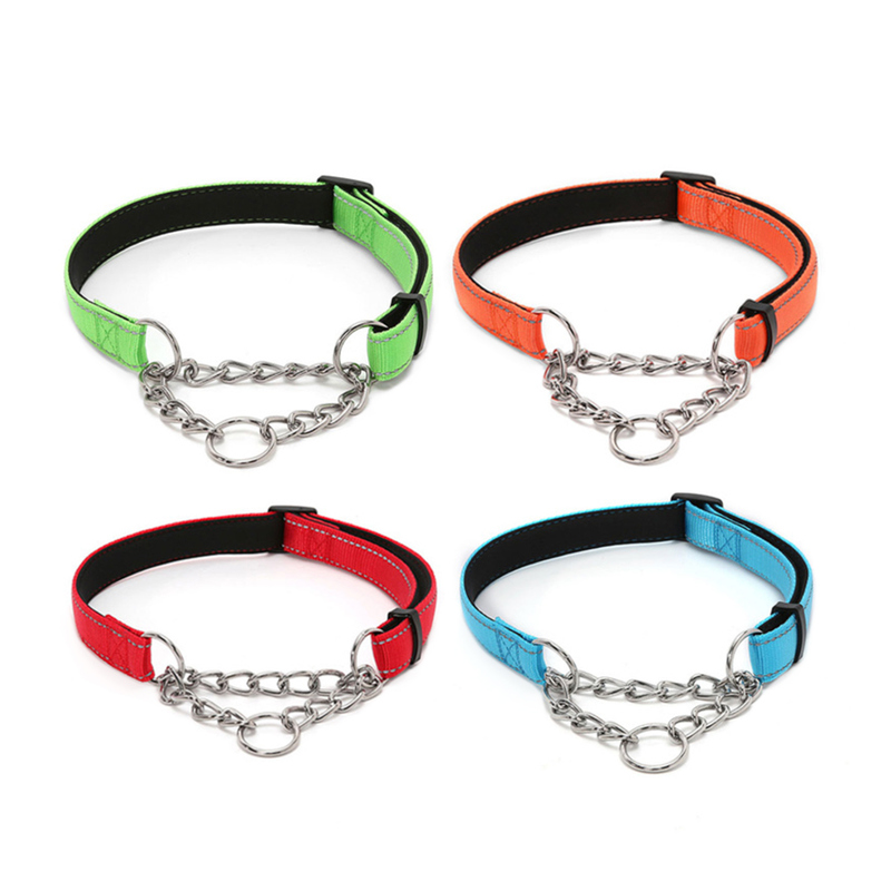 Reflective Nylon Dog Collar, Padded Training Collar With Stainless Steel Chain