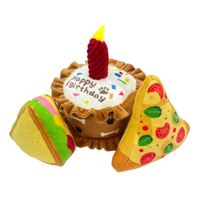 Giocattolo di peluche per animali domestici Compleanno Squeaky Regalo Torta Panini Pizza Crinkly Festa Giocattolo per cani Forniture
